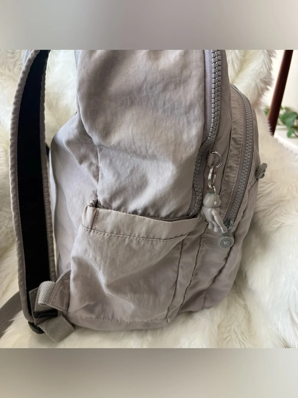 Kipling Live Light Backpack Taupe Gray Nylon Monkey Charm Multi Pocket
